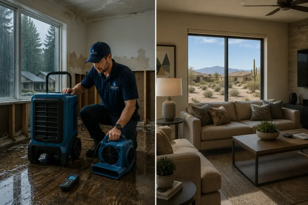 Water damage restoration technician working inside a Yelm WA home using industrial drying equipment during heavy Pacific Northwest rainfall