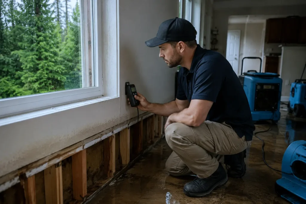 Water damage moisture assessment for insurance claim in Pacific Northwest home