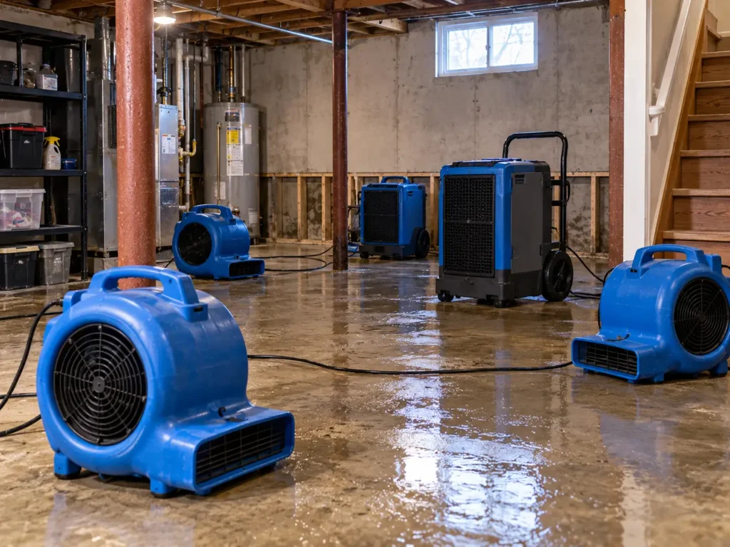 Industrial drying equipment set up after flood damage restoration in Topsfield MA