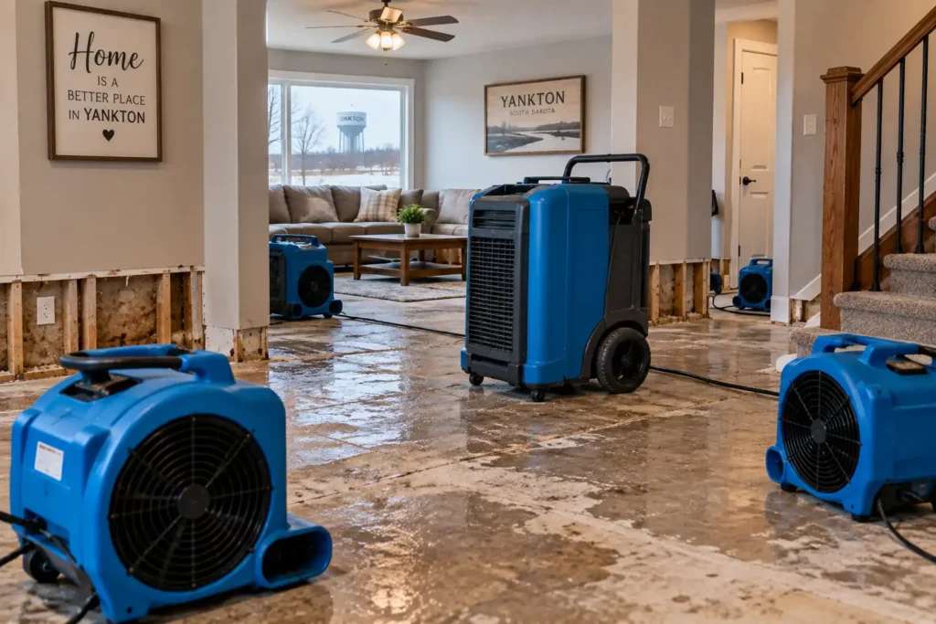 Water damage restoration company Yankton SD structural drying equipment setup
